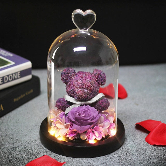 Rose Teddy Bear in Glass Dome
